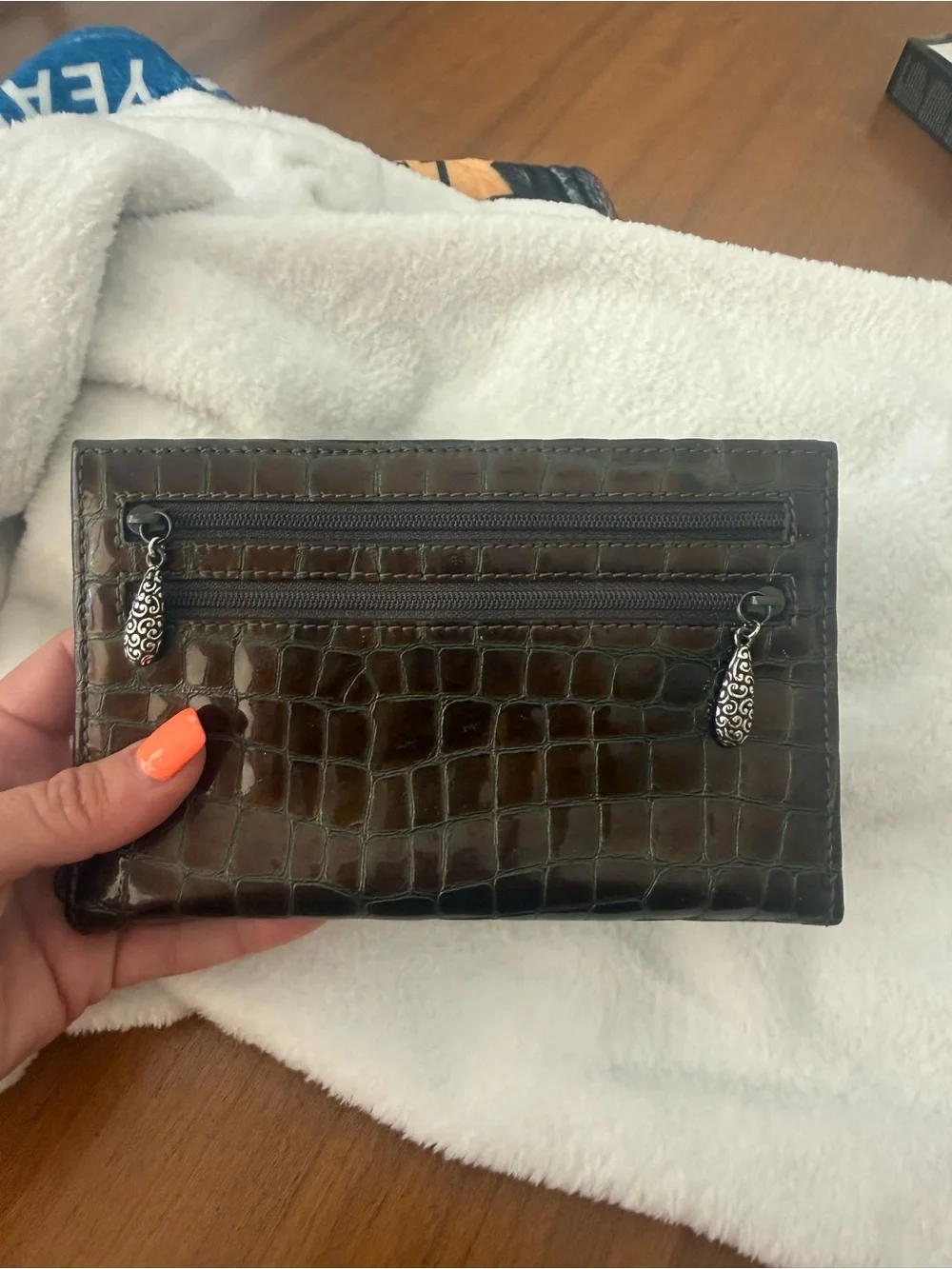Brighton Black Glossy Croc-Embossed Wallet with Silver Ring Accent